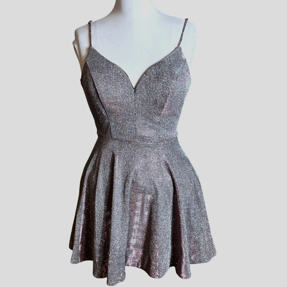 Windsor Silver Metallic Shimmer Fit and Flare Skater Mini Dress Size 1/2